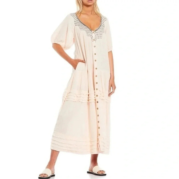 Free People Sunday Stroll Maxi Dress Buttondown Oversized Embroidered S B1487 - Picture 2 of 5